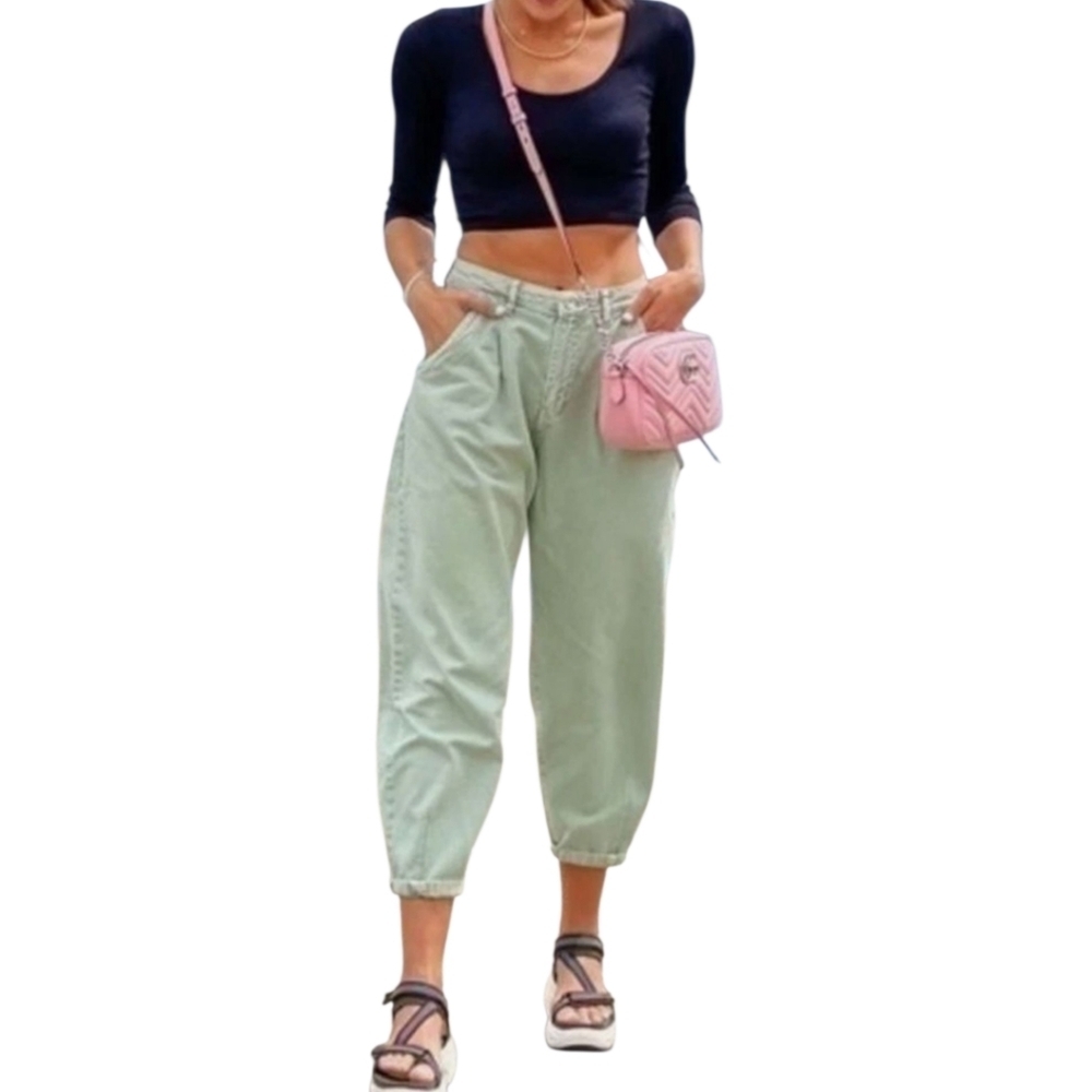 Zara Pale Green‎ Crop Mom Wide Leg Denim Jeans Size 2
